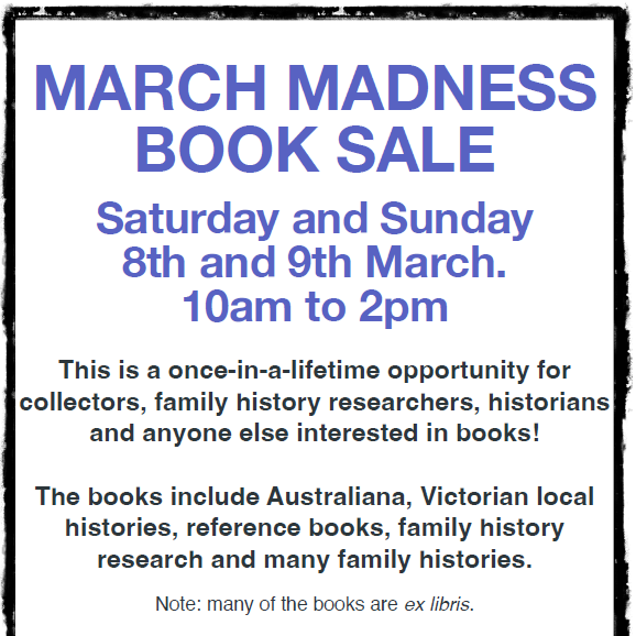 Flyer that reads, "March Madness Book Sale - Saturday and Sunday 8th and 9th of March 10am to 2pm"