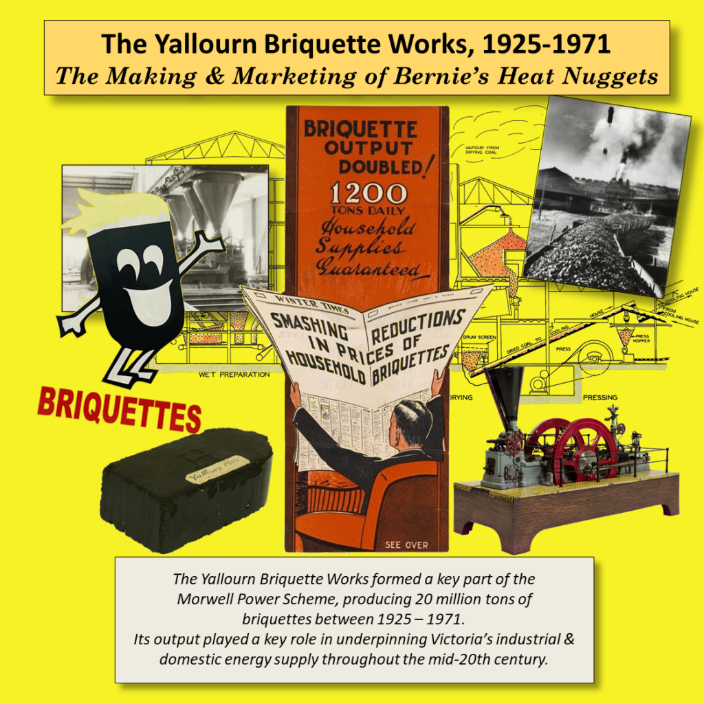 Bright yellow collage graphic featuring vintage advertisements for briquettes, including an illustration of an anthropomorphised briquette with eyes and a wide smile, and an illustration of a man holding open a newspaper with a headline that reads, "Smashing reductions in prices of household briquettes". There is also a photo of a smoking power plant, a pressing machine, and a schematic illustration of a power plant.